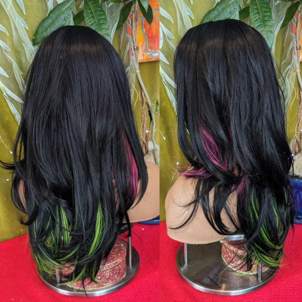 LAST ONE! Black wig with neon pink and green